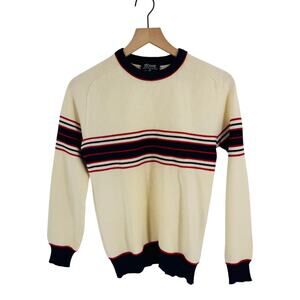 Vintage‎ STOWE Striped Wool Sweater Cream Navy Red Pullover Crewneck Size L